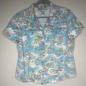 VTG Sag Harbor Nautical Print Short-Sleeved Button Up Shirt Women's L Sailboats